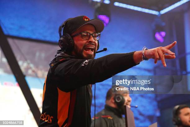 Sharpshooterlos of Heat Check Gaming reacts during the game against 76ers Gaming Club during the Semifinals of the NBA 2K League Playoffs on August...