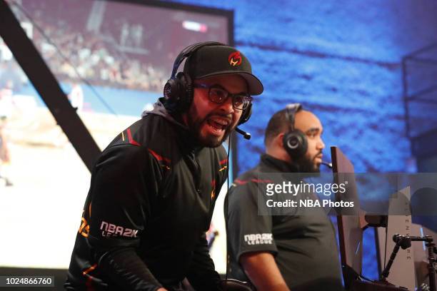 Sharpshooterlos of Heat Check Gaming reacts during the game against 76ers Gaming Club during the Semifinals of the NBA 2K League Playoffs on August...
