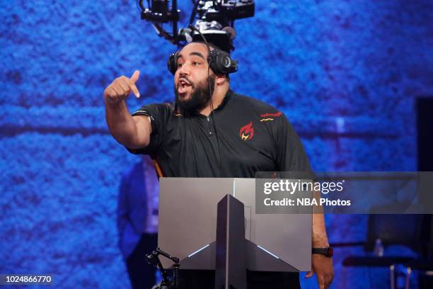 24k Dropoff of Heat Check Gaming reacts during the game against 76ers Gaming Club during the Semifinals of the NBA 2K League Playoffs on August 18,...