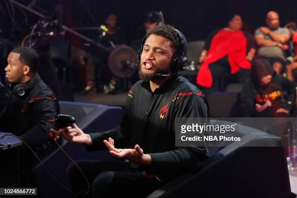 MaJes7ic of Heat Check Gaming reacts during the game against 76ers Gaming Club during the Semifinals of the NBA 2K League Playoffs on August 18, 2018...