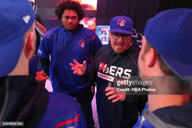 Head Coach Jeff Terrell of 76ers Gaming Club coaches against Heat Check Gaming during the Semifinals of the NBA 2K League Playoffs on August 18, 2018...