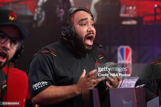24k Dropoff of Heat Check Gaming reacts during the game against 76ers Gaming Club during the Semifinals of the NBA 2K League Playoffs on August 18,...