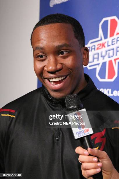 Jalen03303 of Heat Check Gaming talks with media after the game against 76ers Gaming Club during the Semifinals of the NBA 2K League Playoffs on...