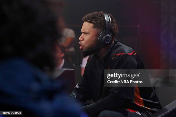 MaJes7ic of Heat Check Gaming reacts during the game against 76ers Gaming Club during the Semifinals of the NBA 2K League Playoffs on August 18, 2018...