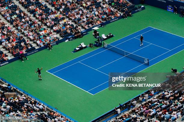 Novak Djokovic of Serbia celebrates a point against Marton Fucsovics of Hungary during their 2018 US Open men's match August 28, 2018 in New York.