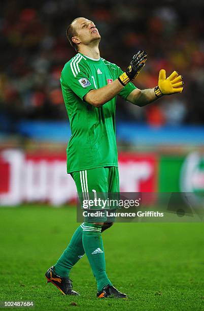 Jan Mucha of Slovakia reacts during the 2010 FIFA World Cup South Africa Round of Sixteen match between Netherlands and Slovakia at Durban Stadium on...