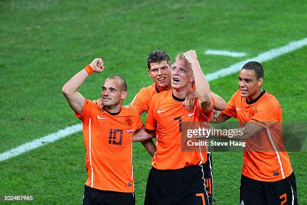 Dirk Kuyt of the Netherlands celebrates with Wesley Sneijder after he scored the second goal during the 2010 FIFA World Cup South Africa Round of...
