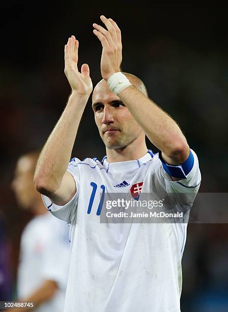 Robert Vittek of Slovakia acknowledges the support following the 2010 FIFA World Cup South Africa Round of Sixteen match between Netherlands and...