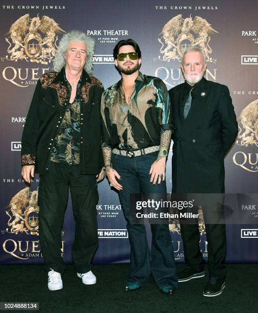 Guitarist Brian May, singer Adam Lambert and drummer Roger Taylor of Queen + Adam Lambert pose after a news conference at the MGM Resorts aviation...