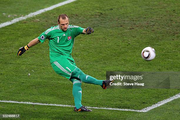 Jan Mucha of Slovakia takes a goal kick during the 2010 FIFA World Cup South Africa Round of Sixteen match between Netherlands and Slovakia at Durban...