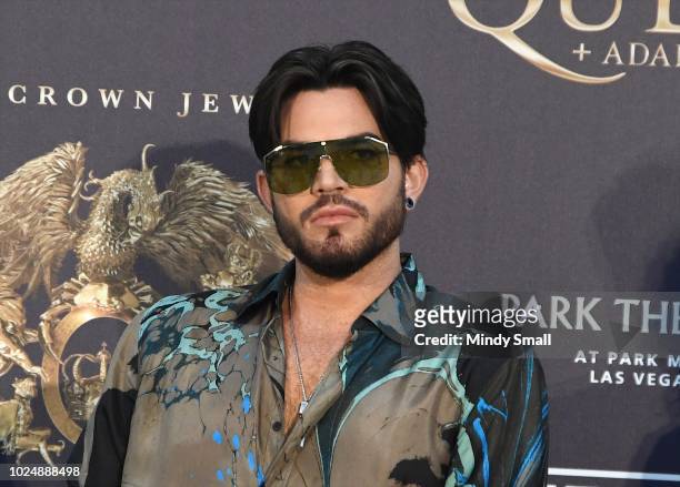 Singer Adam Lambert of Queen + Adam Lambert attends a news conference at the MGM Resorts aviation hangar to kick off the group's 10-date limited...
