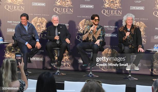 President of MGM Resorts International Bill Hornbuckle, drummer Roger Taylor, singer Adam Lambert and guitarist Brian May of Queen + Adam Lambert...