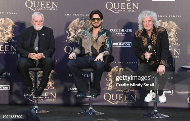 Drummer Roger Taylor, singer Adam Lambert and guitarist Brian May of Queen + Adam Lambert attend a news conference at the MGM Resorts aviation hangar...