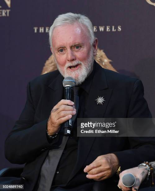 Drummer Roger Taylor of Queen + Adam Lambert speaks during a news conference at the MGM Resorts aviation hangar to kick off the group's 10-date...