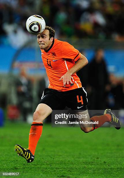 Joris Mathijsen of the Netherlands in action during the 2010 FIFA World Cup South Africa Round of Sixteen match between Netherlands and Slovakia at...