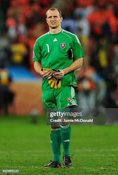 Jan Mucha of Slovakia looks dejected after defeat during the 2010 FIFA World Cup South Africa Round of Sixteen match between Netherlands and Slovakia...