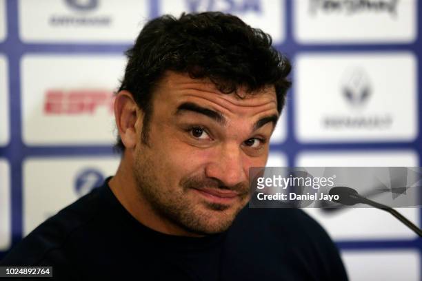 Agustin Creevy of Argentina gestures during a press conference after Argentina Captain's Run before the The Rugby Championship 2018 match against...