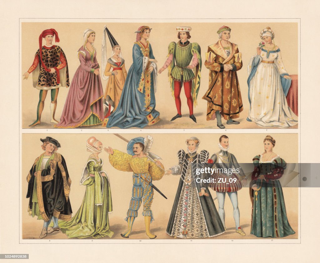 Renaissance cosumes (15e en 16e eeuw), chromolithograph, gepubliceerd in 1897