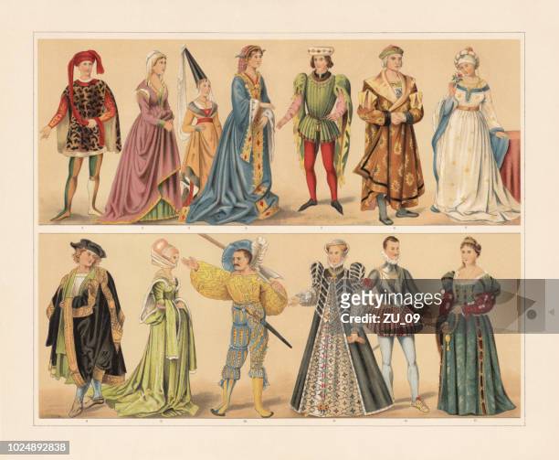 renaissance costumes (15th and 16th century), chromolithograph, published in 1897 - renaissance stock illustrations