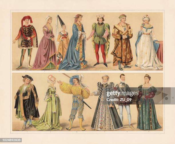 renaissance costumes (15th and 16th century), chromolithograph, published in 1897 - womens 1500s stock illustrations