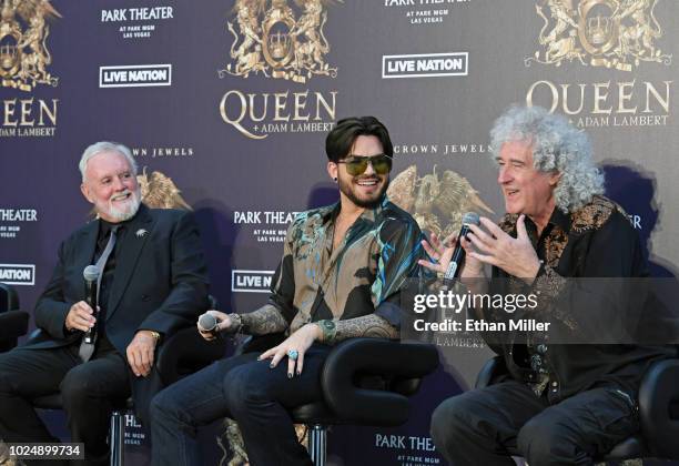 Drummer Roger Taylor, singer Adam Lambert and guitarist Brian May of Queen + Adam Lambert attend a news conference at the MGM Resorts aviation hangar...