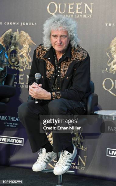 Guitarist Brian May of Queen + Adam Lambert attends a news conference at the MGM Resorts aviation hangar to kick off the group's 10-date limited...