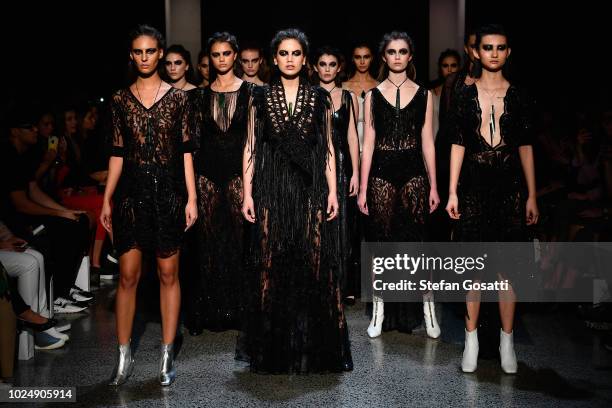 Model walks the runway during the Kiri Nathan show during New Zealand Fashion Week 2018 at Viaduct Events Central on August 29, 2018 in Auckland, New...