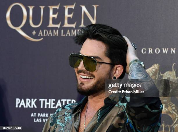 Singer Adam Lambert of Queen + Adam Lambert attends a news conference at the MGM Resorts aviation hangar to kick off the group's 10-date limited...