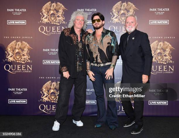 Guitarist Brian May, singer Adam Lambert and drummer Roger Taylor of Queen + Adam Lambert pose after a news conference at the MGM Resorts aviation...