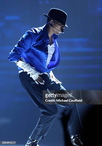 Chris Brown performs during a Michael Jackson Tribute onstage during the 2010 BET Awards held at the Shrine Auditorium on June 27, 2010 in Los...
