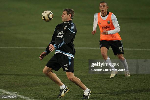 Martin Palermo of Argentina's national football team tries to control the ball during a team training session on June 23, 2010 in Pretoria, South...