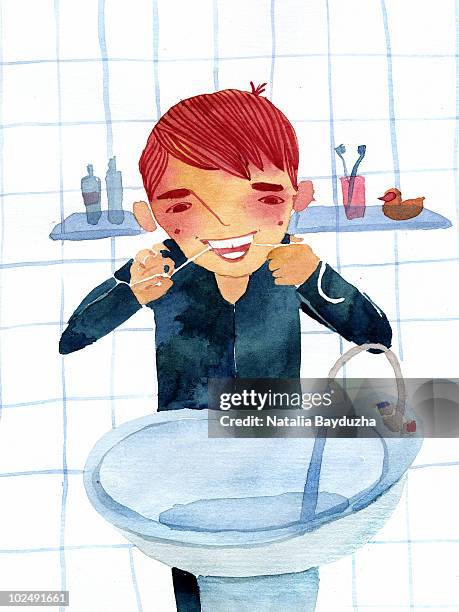 illustrations, cliparts, dessins animés et icônes de young boy flossing his teeth - carrelage salle de bain