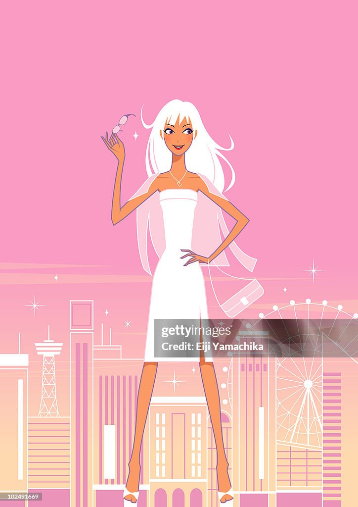 Woman standing with london cityscape behind her