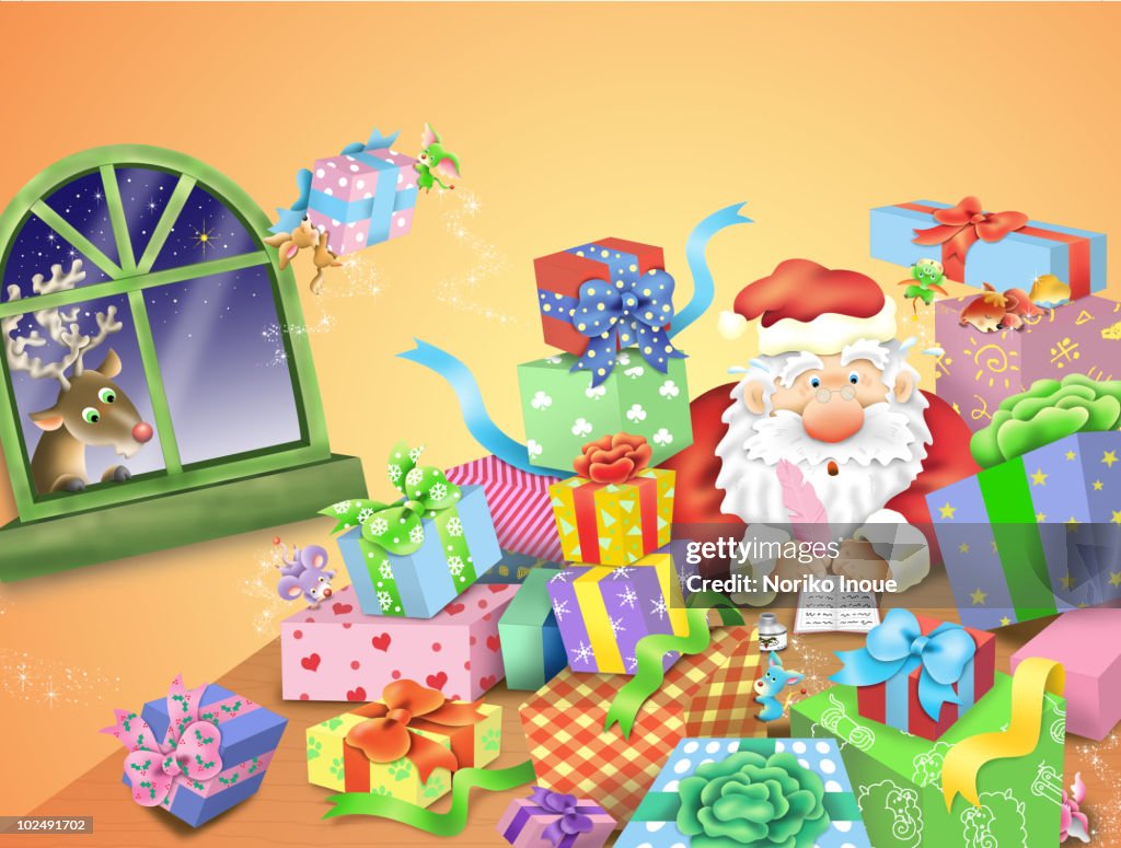 Santa Claus surrounded by gifts