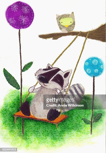 stockillustraties, clipart, cartoons en iconen met an illustration of a small animal playing on a tree swing - touwschommel