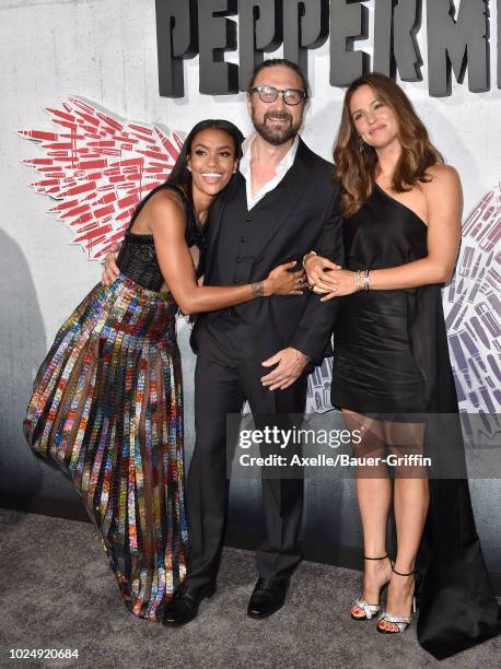 Annie Ilonzeh, Pierre Morel and Jennifer Garner attend the premiere of STX Entertainment's 'Peppermint' at Regal Cinemas L.A. LIVE Stadium 14 on...