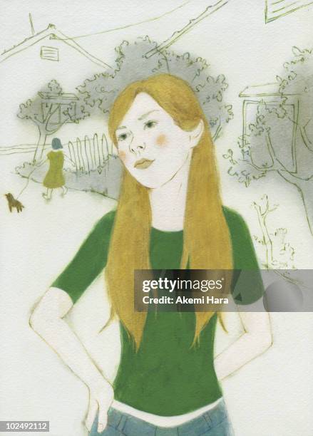 woman on street with girl walking dog behind her - woman painting house exterior stock illustrations
