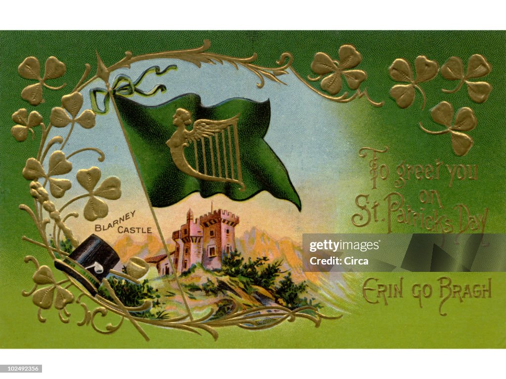 A vintage St. Patricks Day Souvenir card with an illustration of Blarney Castle