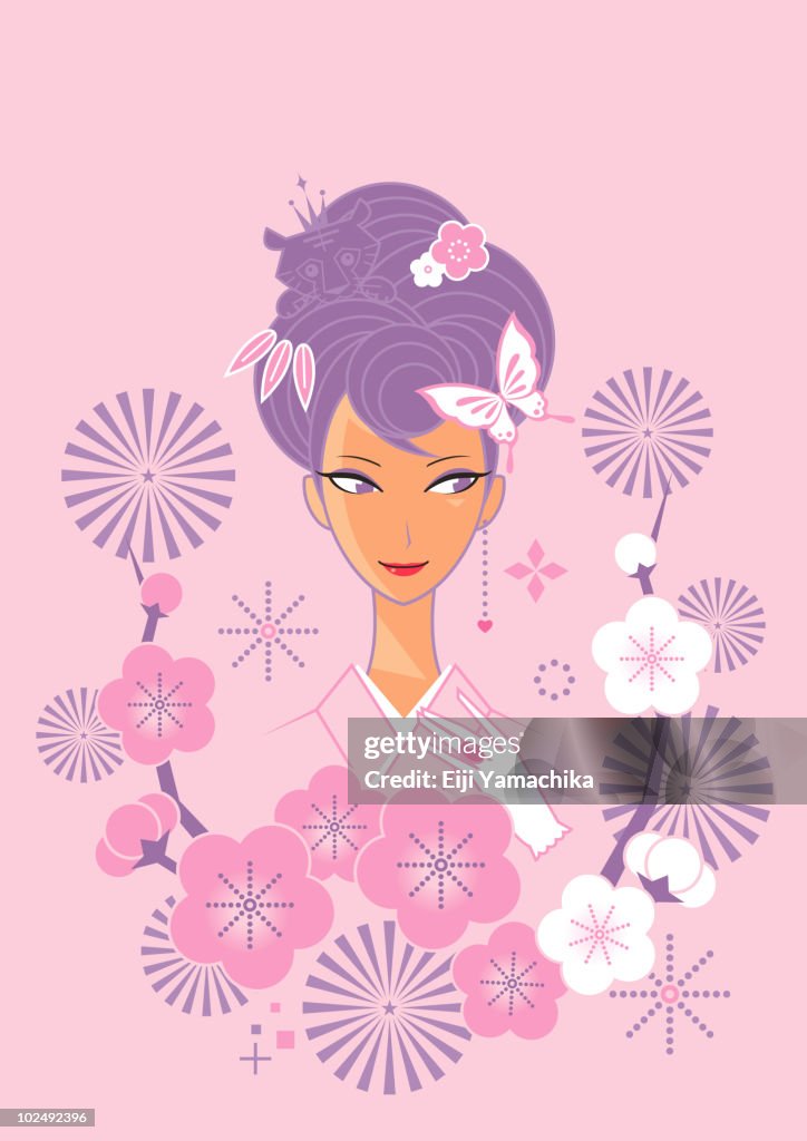 Young woman in kimono with flowers