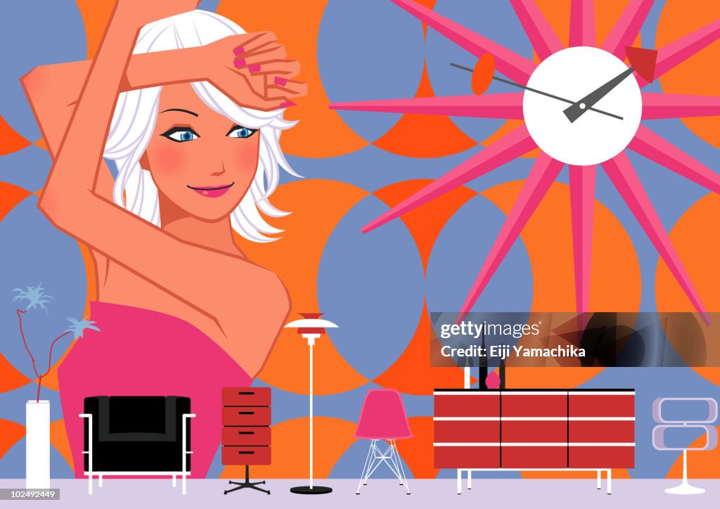 Young woman dancing in retro living room