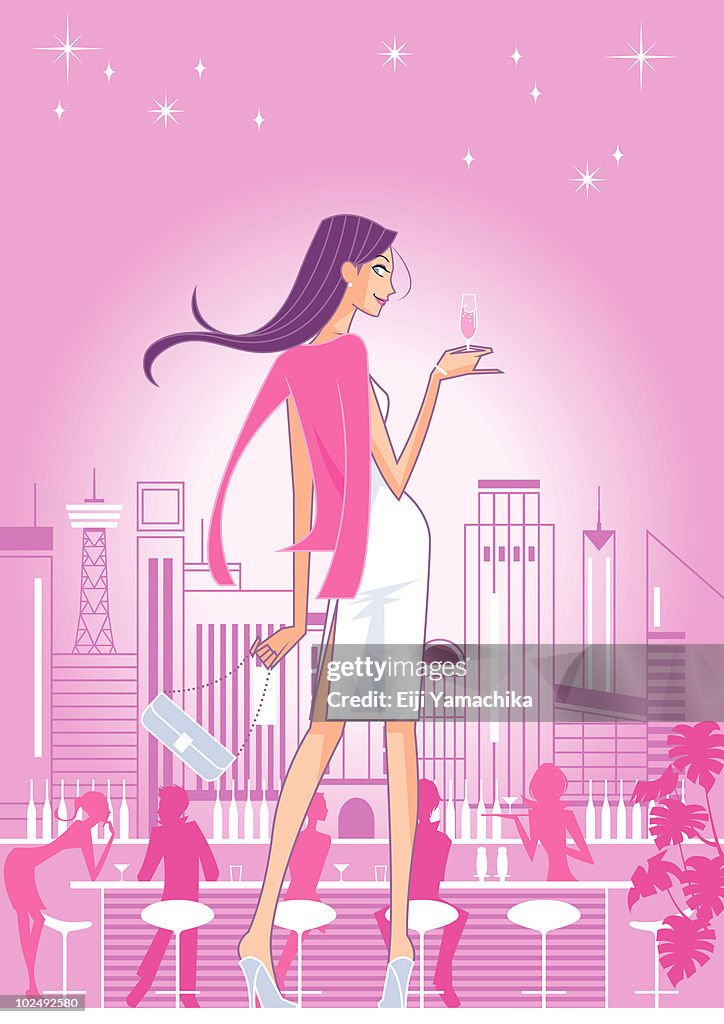 Woman in bar with skyline behind