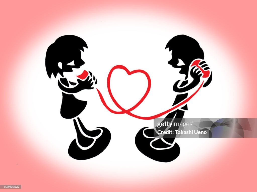 A print of a romantic young couple with a heart created from ribbon