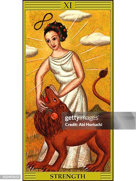 illustrazioni stock, clip art, cartoni animati e icone di tendenza di strength tarot card - tarocchi