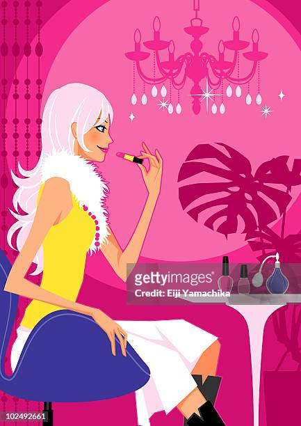 ilustraciones, imágenes clip art, dibujos animados e iconos de stock de woman applying lipstick - happy smiling young woman side view