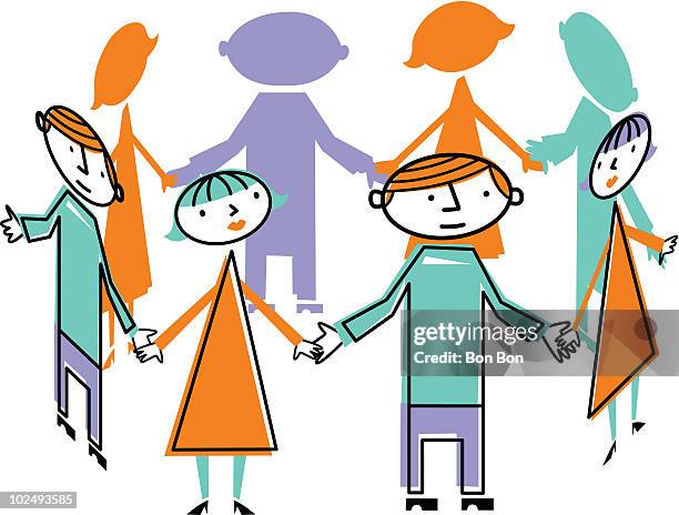 ilustraciones, imágenes clip art, dibujos animados e iconos de stock de group of people standing in circle forming human chain - cadena humana