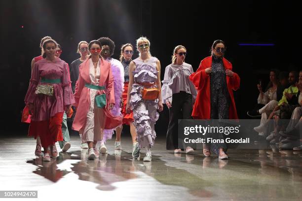 Models walks the runway in designs by Havilah during the New Generation show during New Zealand Fashion Week 2018 at Viaduct Events Centreâ on August...