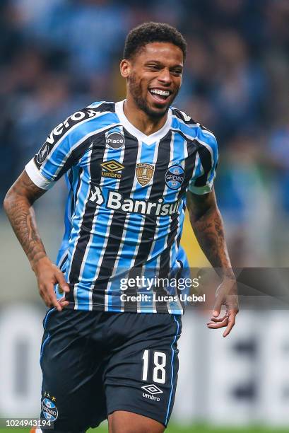 Andre of Gremio celebrates after scores a penalty kick during the match between Gremio and Estudiantes, part of Copa Conmebol Libertadores 2018, at...