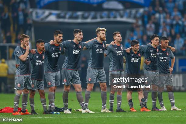 Players of Estudiantes during the match between Gremio and Estudiantes, part of Copa Conmebol Libertadores 2018, at Arena do Gremio on August 28 in...