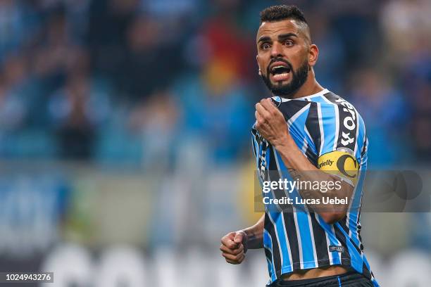 Maicon of Gremio celebrates after scores a penalty kick during the match between Gremio and Estudiantes, part of Copa Conmebol Libertadores 2018, at...