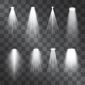 Silver light projector beams set. Glowing stage illumination isolated on  transparent background.  Show scene soffits to focus attention. Performance soffits for banners, posters.